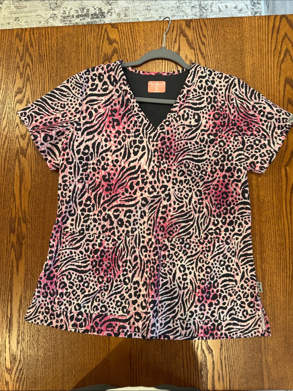 Vibrant Pink Animal Print V-Neck Short Sleeve Scrub Top -